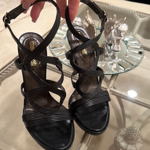 ROBERTO CAVALLI BLACK LEATHER SEXY SANDALS - Picture 2 of 7